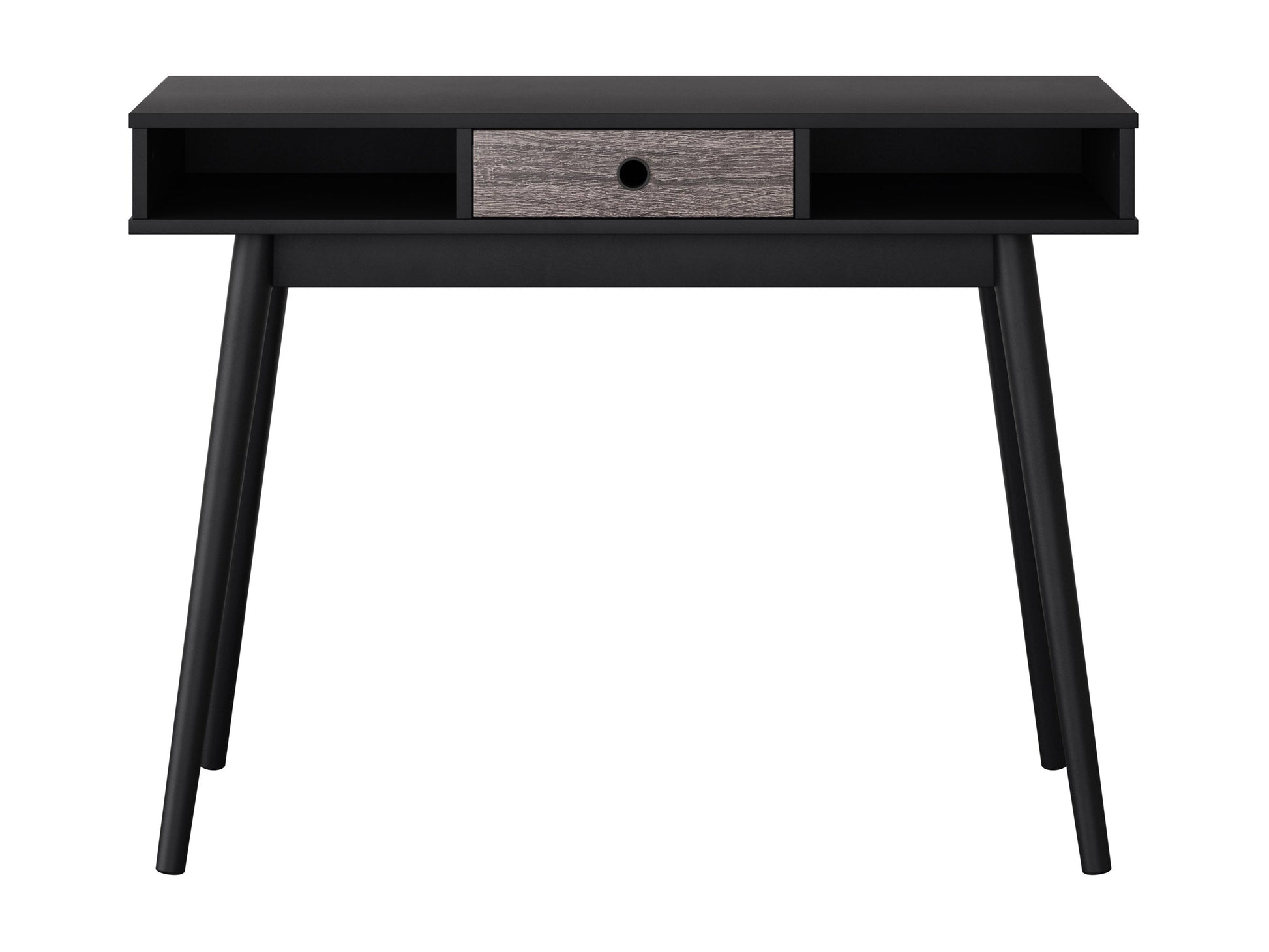 Black mid-century desk with sleek wooden legs, spacious surface, and minimalist design for home office or study.