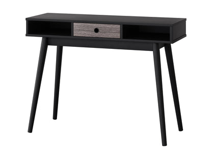 Mid-century black desk with sleek lines, wooden legs, and spacious surface for modern home office decor.