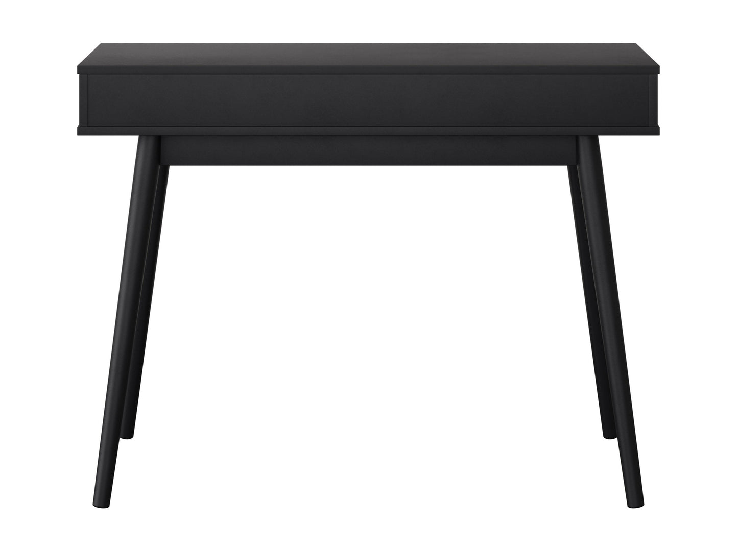 Mid-century black desk with sleek wooden legs, minimalist design, and spacious surface.