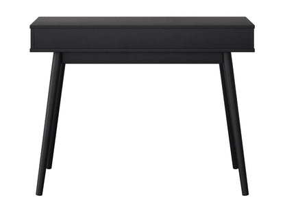 Mid-century black desk with sleek wooden legs, minimalist design, and spacious surface.