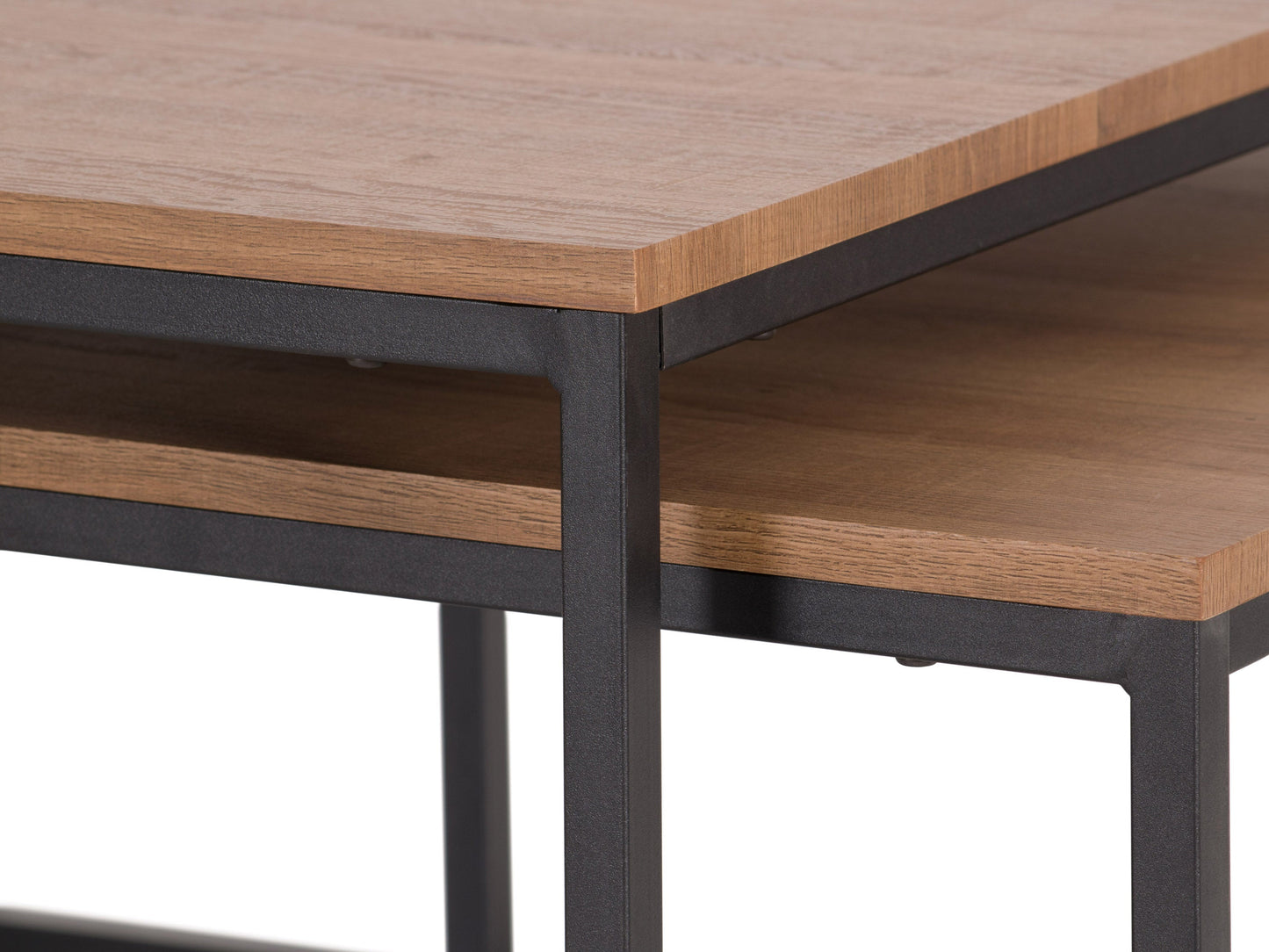 Brown wood square nesting coffee tables with black metal legs and a modern minimalist design.