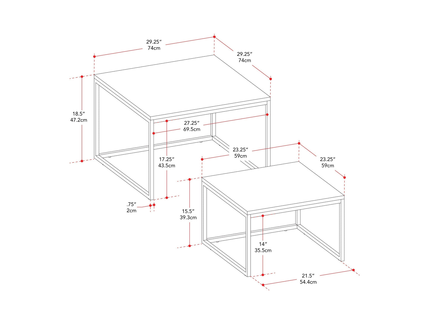 Brown wood square nesting coffee tables with black metal legs, minimalist design, and versatile functionality.