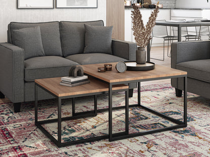 Brown wood square nesting coffee tables with metal legs, modern design, and space-saving functionality.