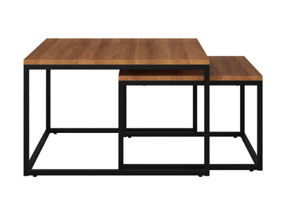 Brown wood square nesting coffee tables with metal legs, modern design, versatile living room furniture set.