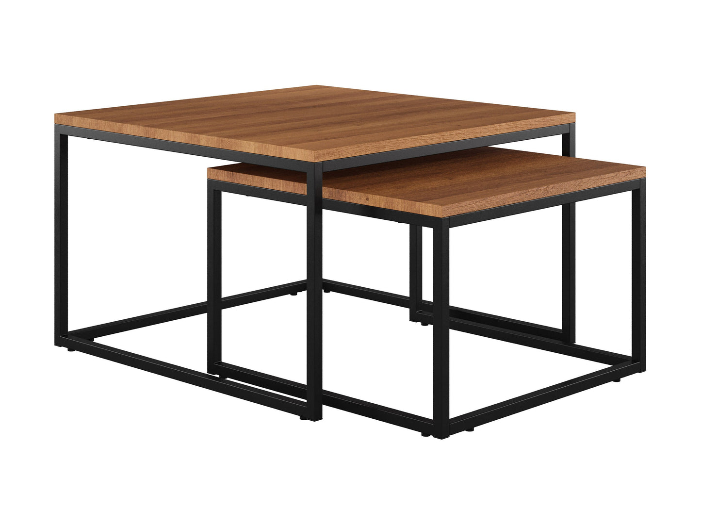 Brown wood square nesting coffee tables with sleek black metal legs and minimalist design.