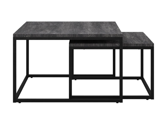 Grey wood square nesting coffee tables with metal legs, modern design, and versatile functionality for living room décor.