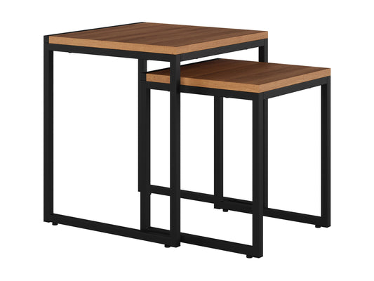 Brown wood square nesting side tables with metal frame, modern design, and versatile functionality.