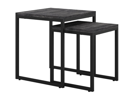 Grey wood square nesting side tables with sleek metal legs, modern minimalist design, and versatile functionality.