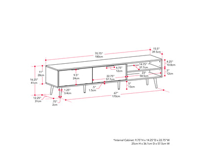 Grey wood TV stand for TVs up to 85 inches, featuring a sleek design with open shelving, two cabinets with textured doors, and a sturdy metal frame. Ideal for modern living rooms.