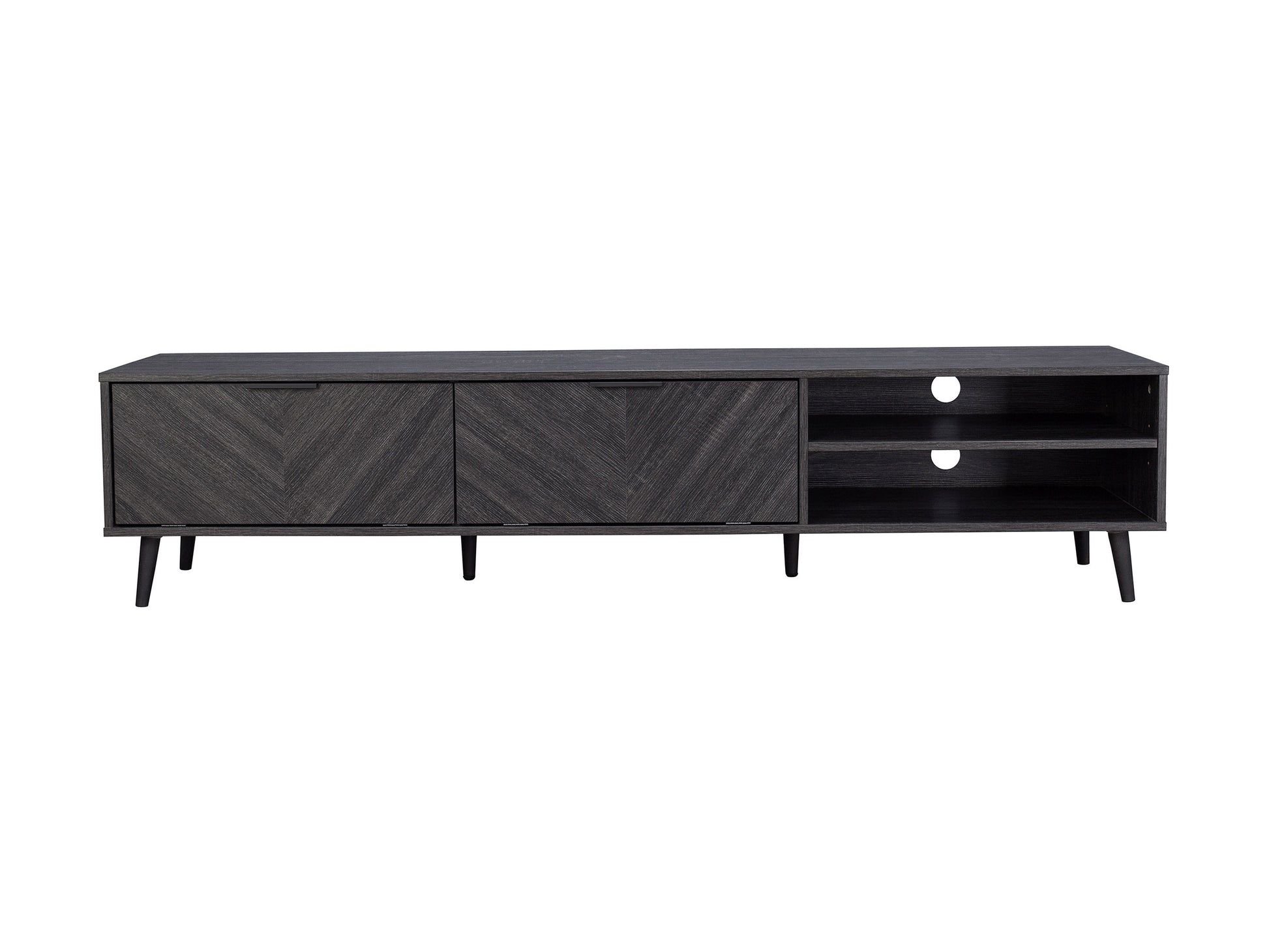 Modern wooden TV stand with natural oak finish, featuring two open shelves and two drawers with sleek black handles, perfect for living room storage and media organization.