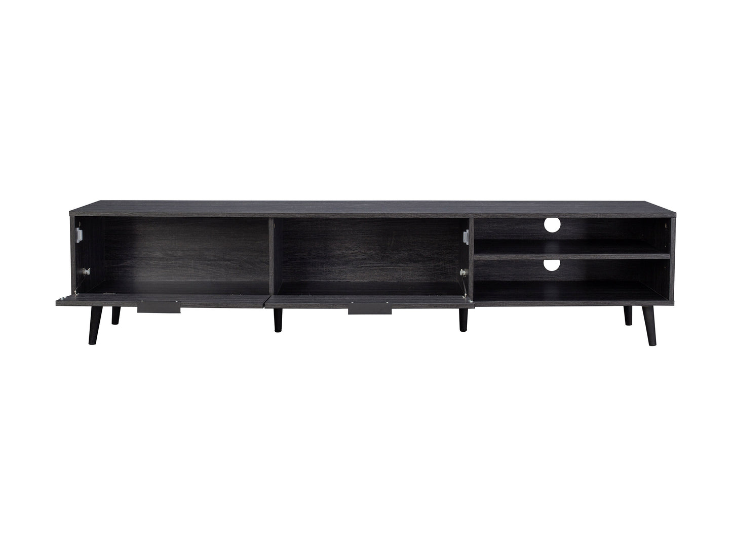 Grey TV stand for TVs up to 85 inches, featuring sleek modern design, open shelving, and closed cabinets with silver handles, made of wood and metal, perfect for living rooms and entertainment areas.