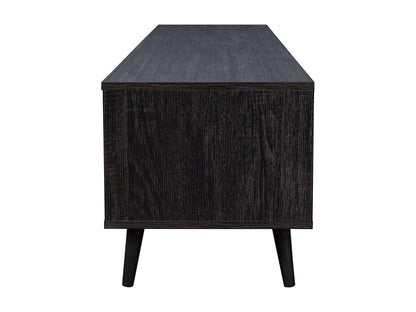 Modern wooden TV stand with white drawers, black metal legs, and a sleek design, perfect for contemporary living rooms. Features ample storage space and a smooth finish.