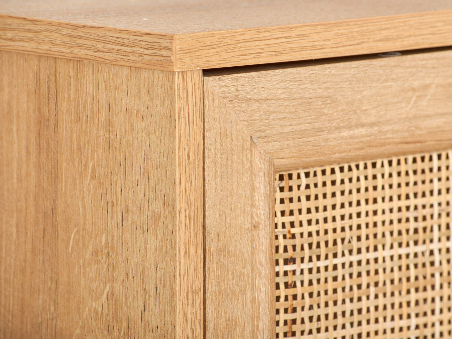 Light brown wood sideboard buffet with sleek metal handles and ample storage, perfect for modern dining rooms.