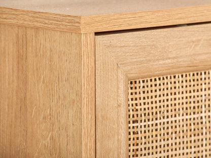 Light brown wood sideboard buffet with sleek metal handles and ample storage, perfect for modern dining rooms.