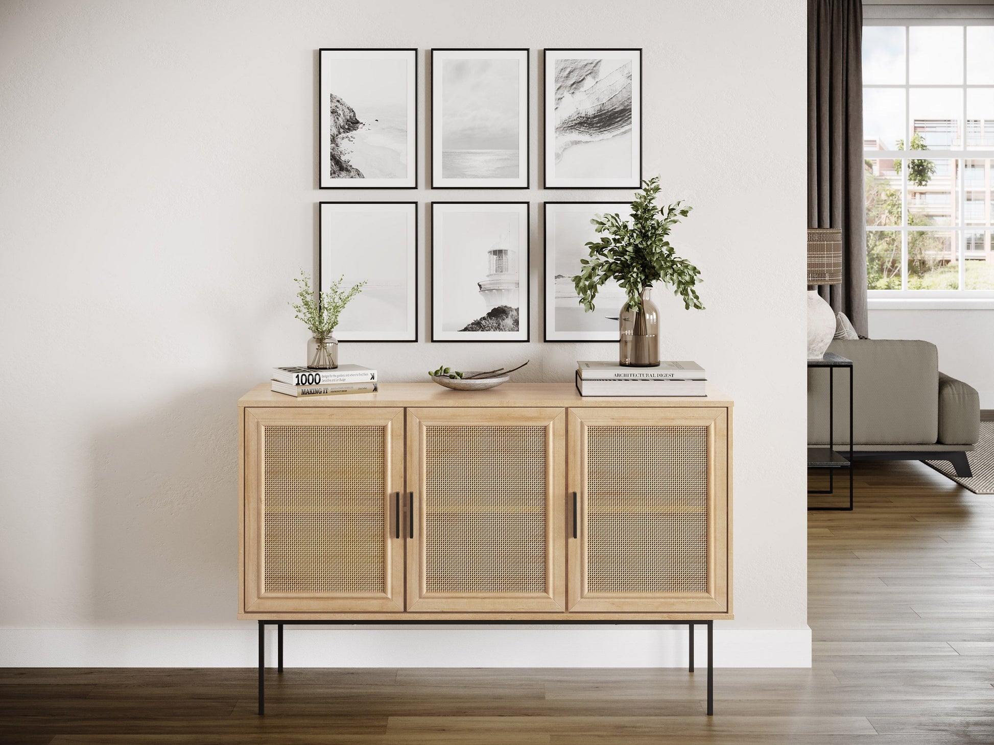 Light brown wood sideboard buffet with sleek design, ample storage, and modern hardware.