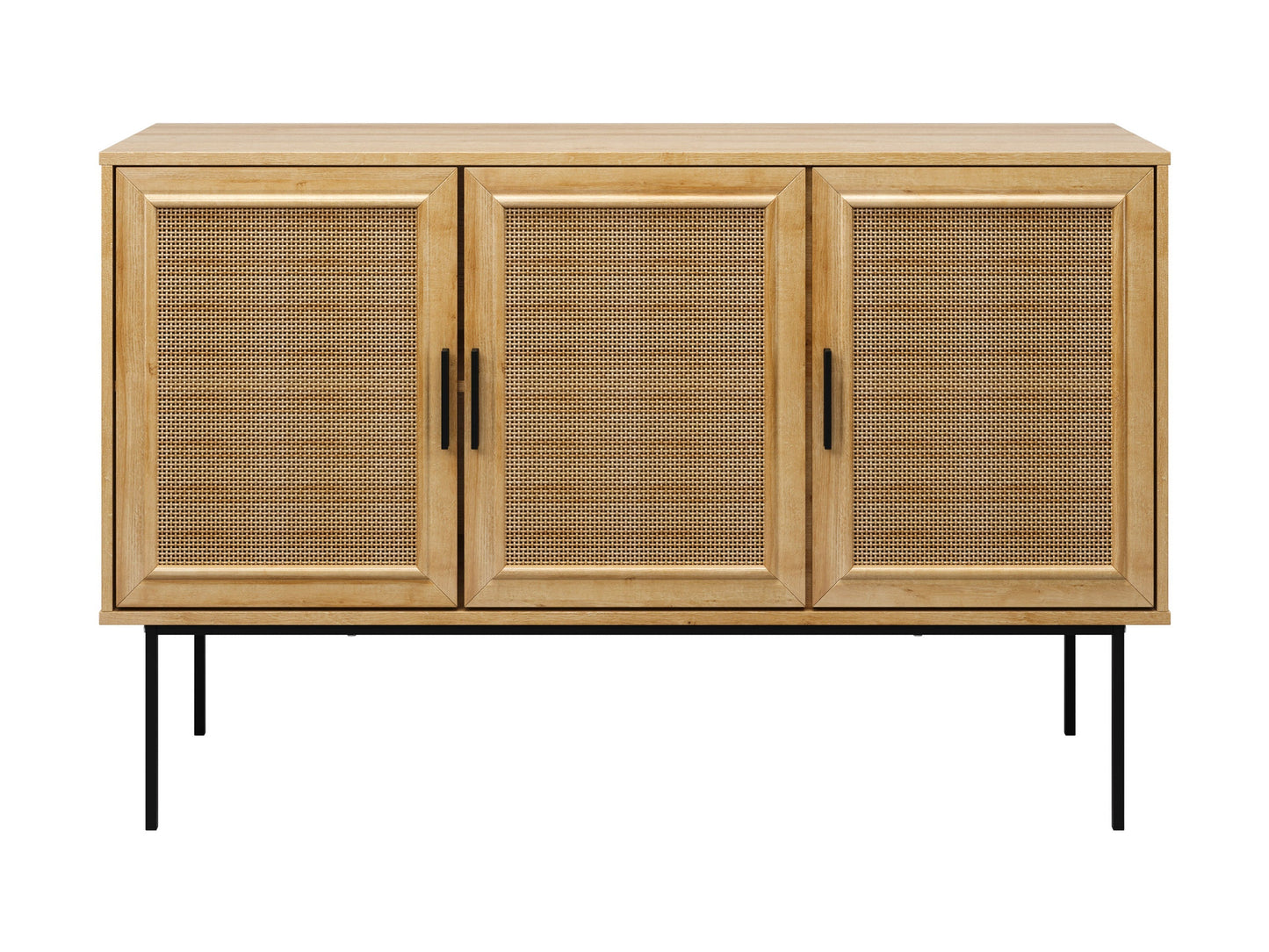 Light brown wood sideboard buffet with spacious storage, sleek design, and metal handles.