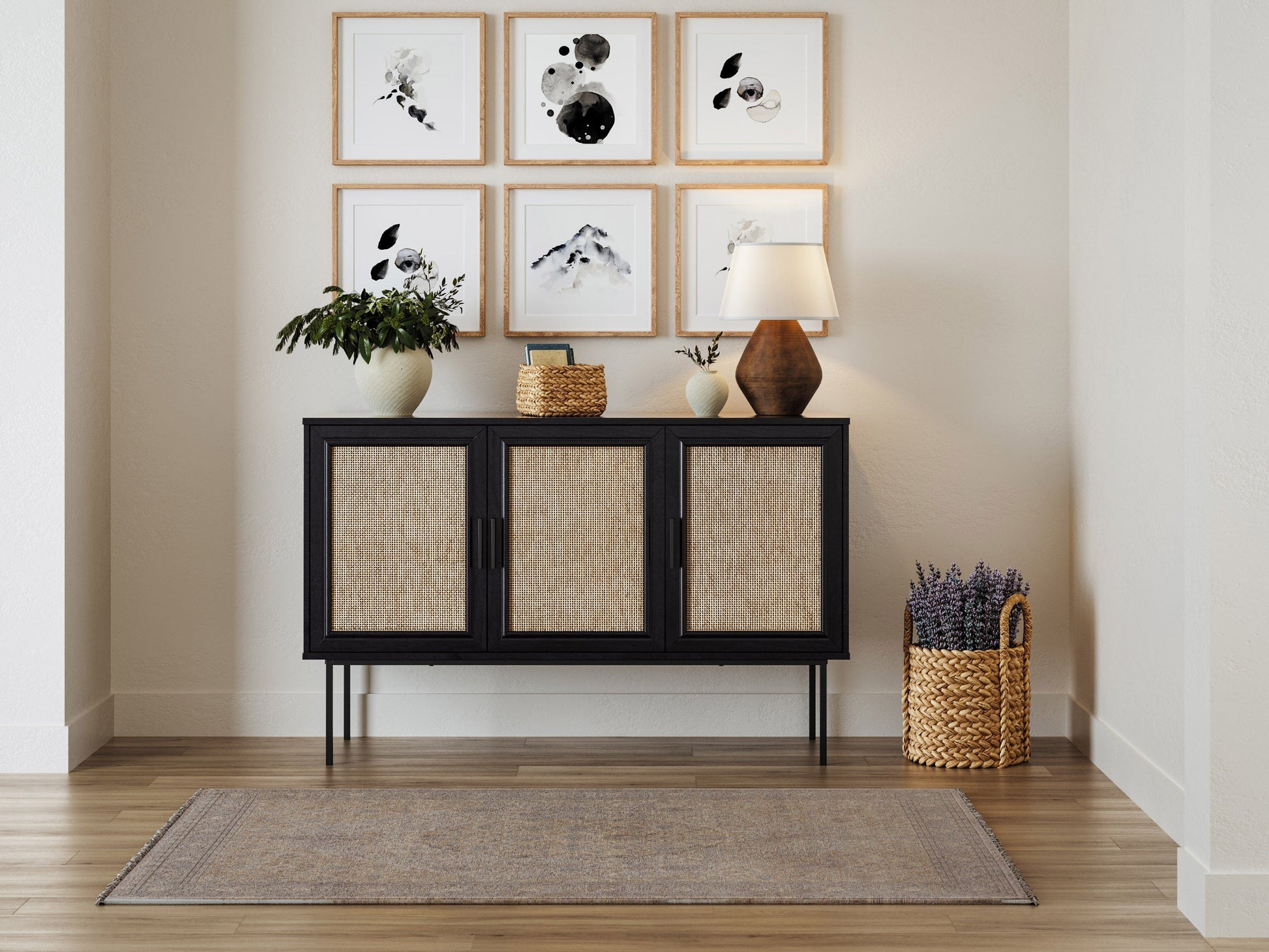 Black wood sideboard buffet with sleek design, ample storage, and modern metal handles.