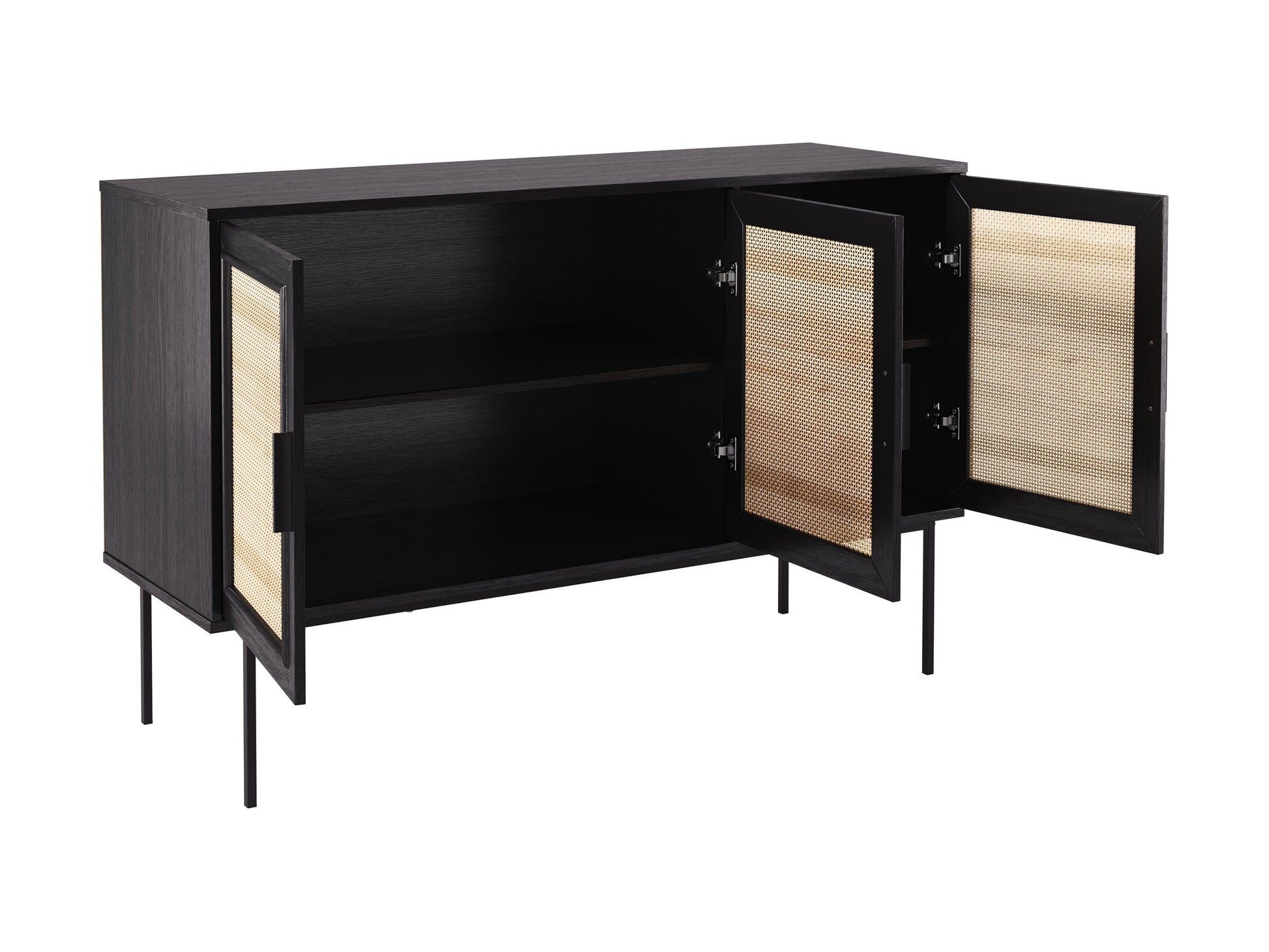 Black wood sideboard buffet with sleek design, ample storage, and minimalist metal handles.