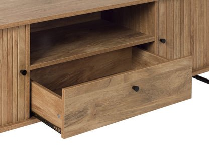 TV stand media console with walnut finish, open shelving, and sleek metal legs for modern living rooms.