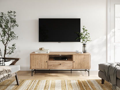 Modern white TV stand with open shelving, wood accents, and sleek design for media storage.