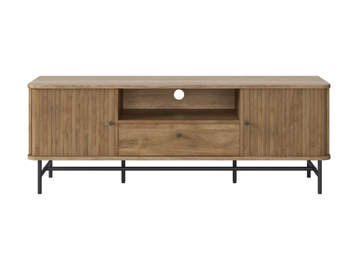 Modern grey TV stand with open shelving, sleek wooden legs, and minimalist design for media storage.