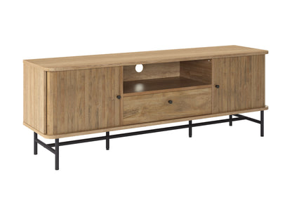 Sleek TV stand with white and natural wood finish, open shelving, and minimalist design for modern living rooms.