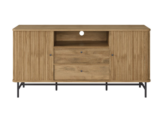 Curved sideboard buffet with grey wood finish, sleek metal legs, and ample storage space, ideal for modern interiors.