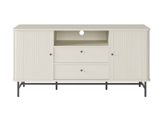 White curved sideboard with sleek design, gold accents, and ample storage space for modern living rooms.