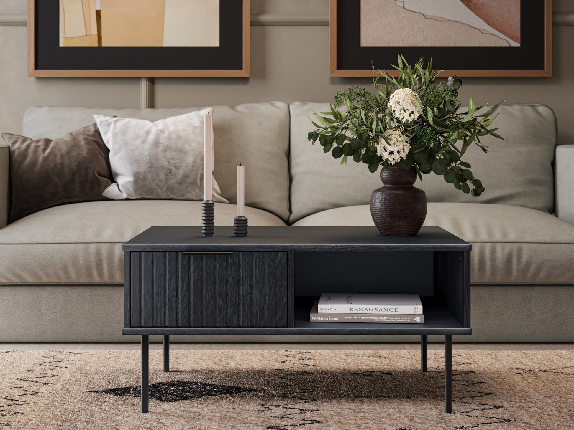 Black fluted coffee table with sleek round design and textured surface, perfect for modern living rooms.