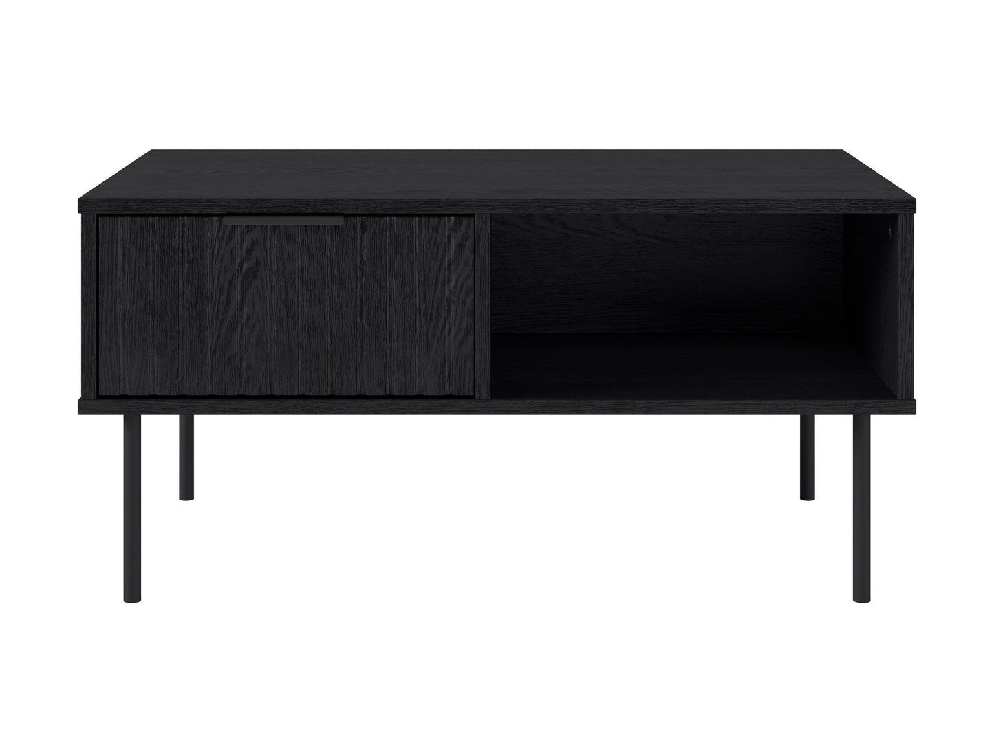 Black fluted coffee table with ribbed texture, round top, and modern design.