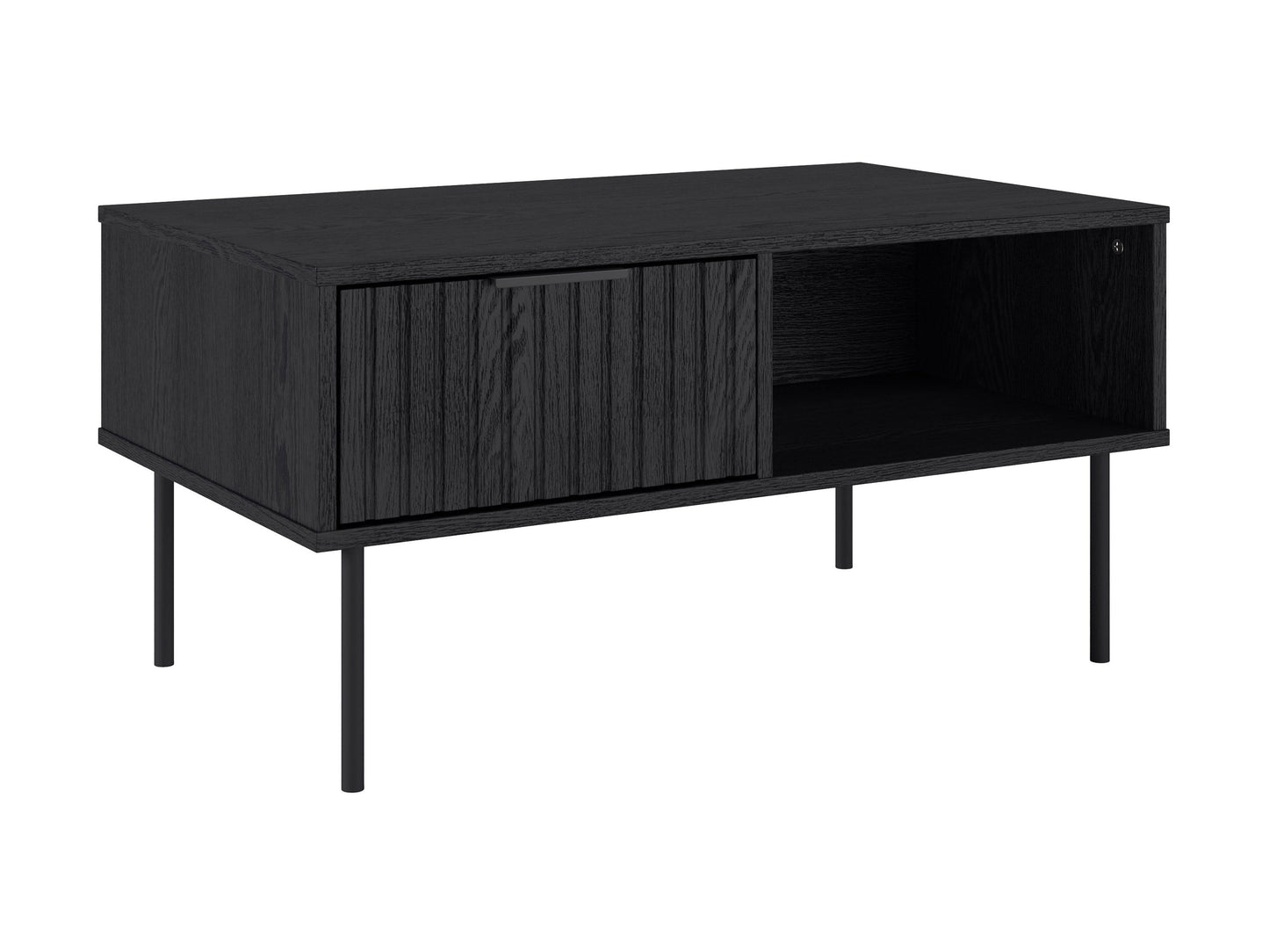 Black fluted coffee table with a round top, vertical grooves, and a sleek modern design.