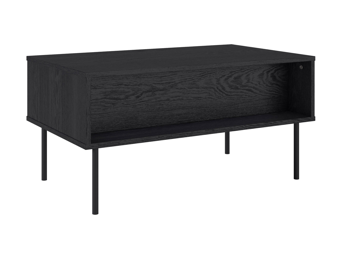 Black fluted coffee table with a round top, textured surface, and sturdy wooden legs.