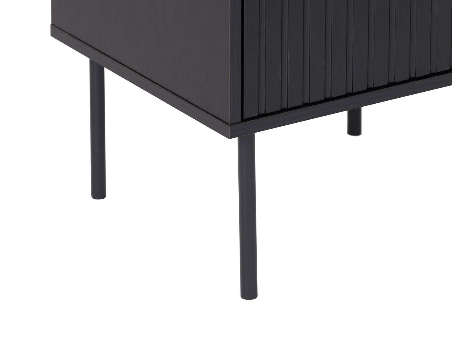 Black fluted side table with round top and ribbed cylindrical base, modern minimalist design.