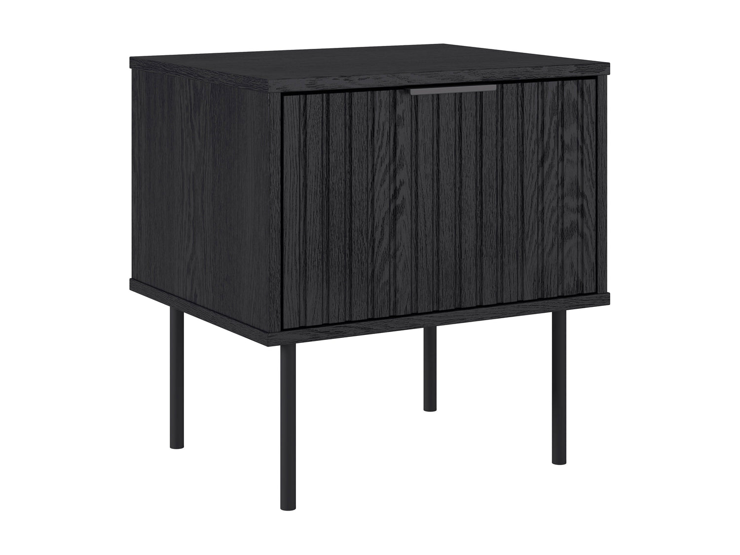 Black fluted side table with sleek cylindrical design and textured finish, perfect for modern living rooms or bedrooms.