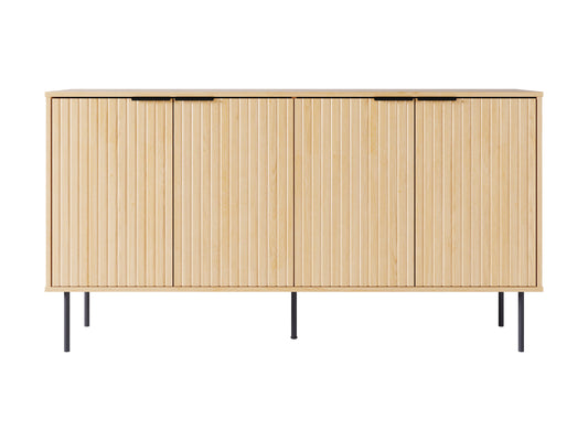 Light wood sideboard with three drawers and two cabinets, sleek metal handles, and a natural oak finish.