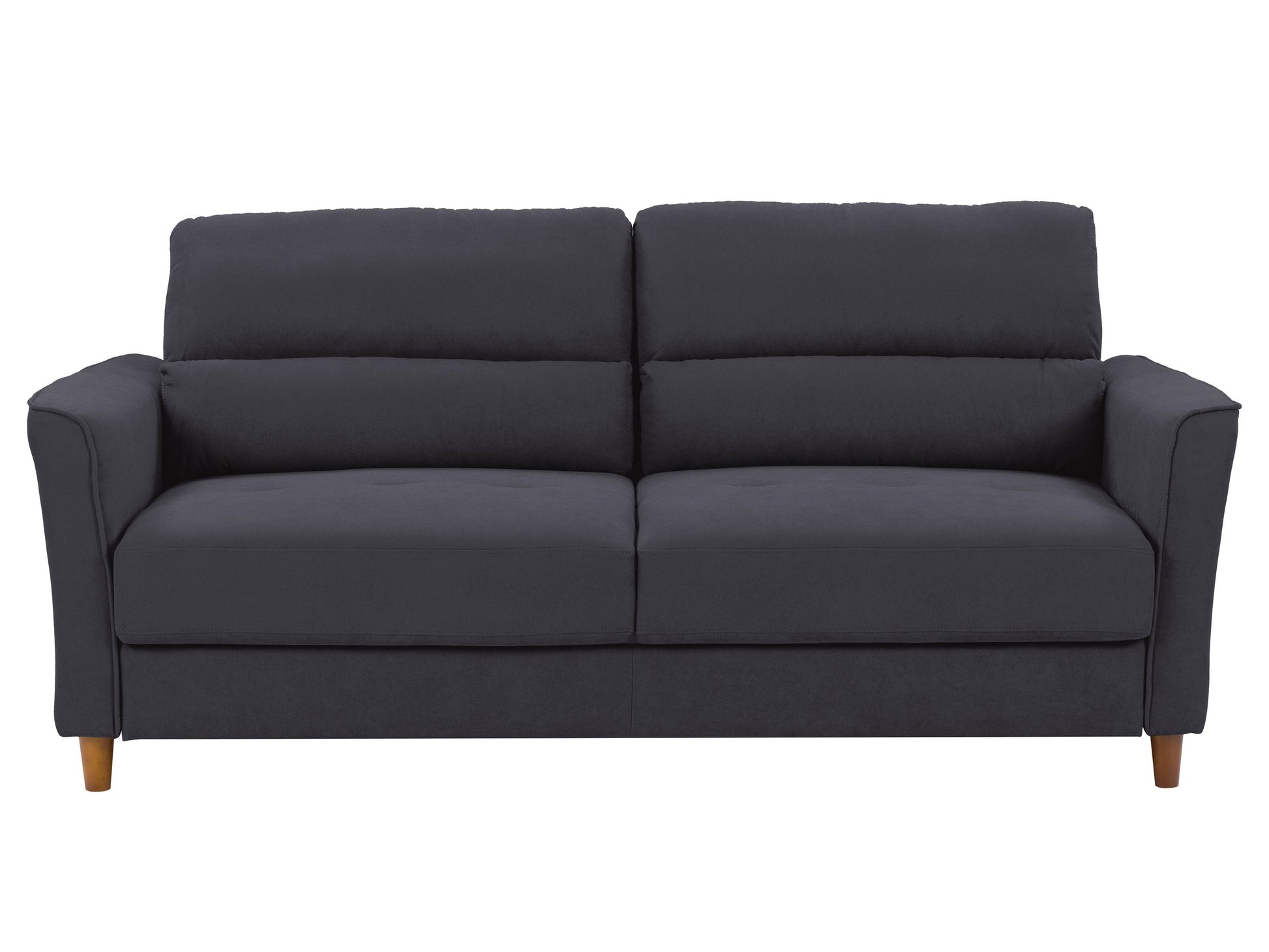 Dark grey 3 seat sofa and chair set with tufted cushions, wooden legs, and modern design.