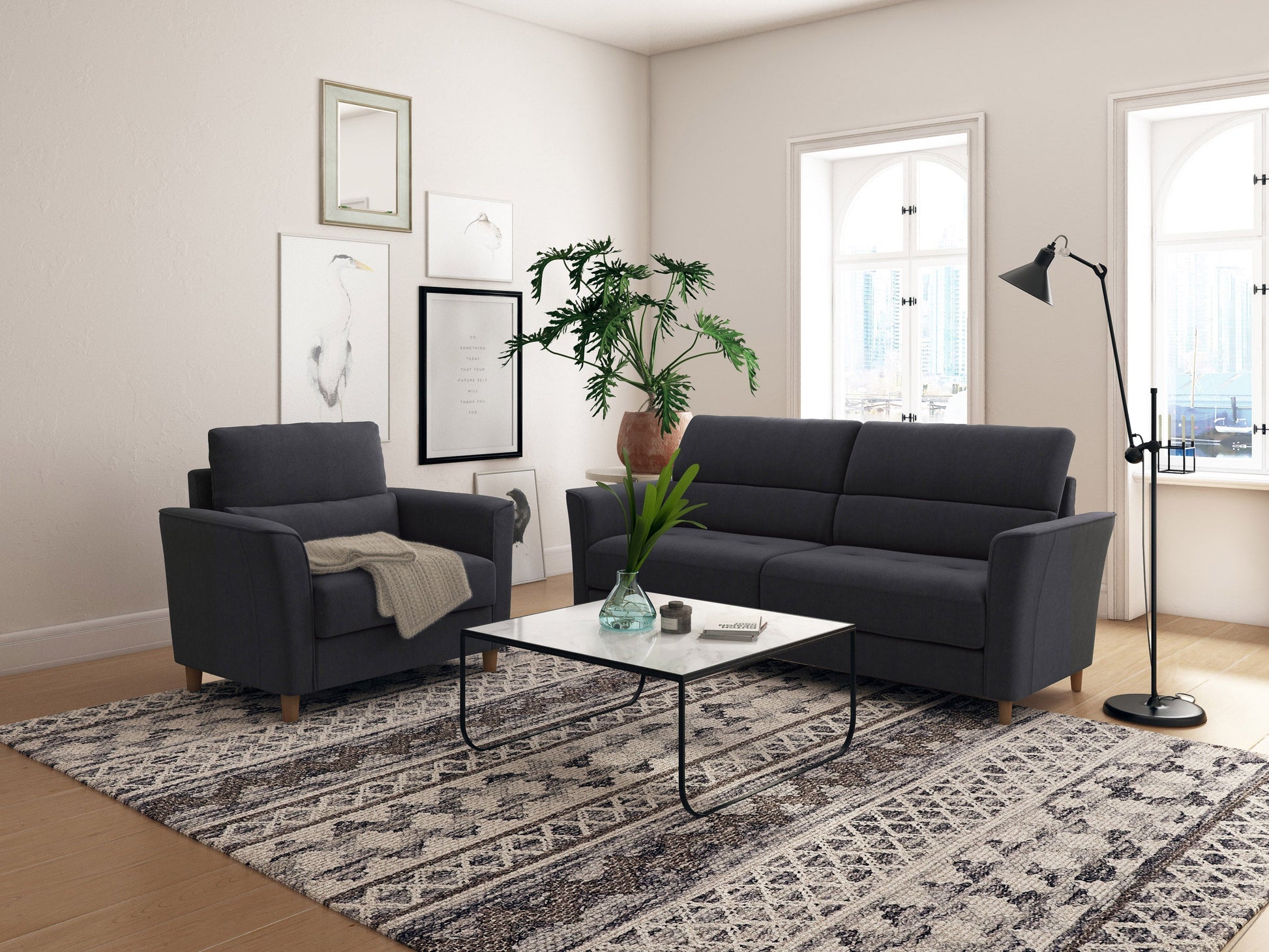 Dark grey 3 seat sofa and chair set with tufted cushions, wooden legs, and modern design.