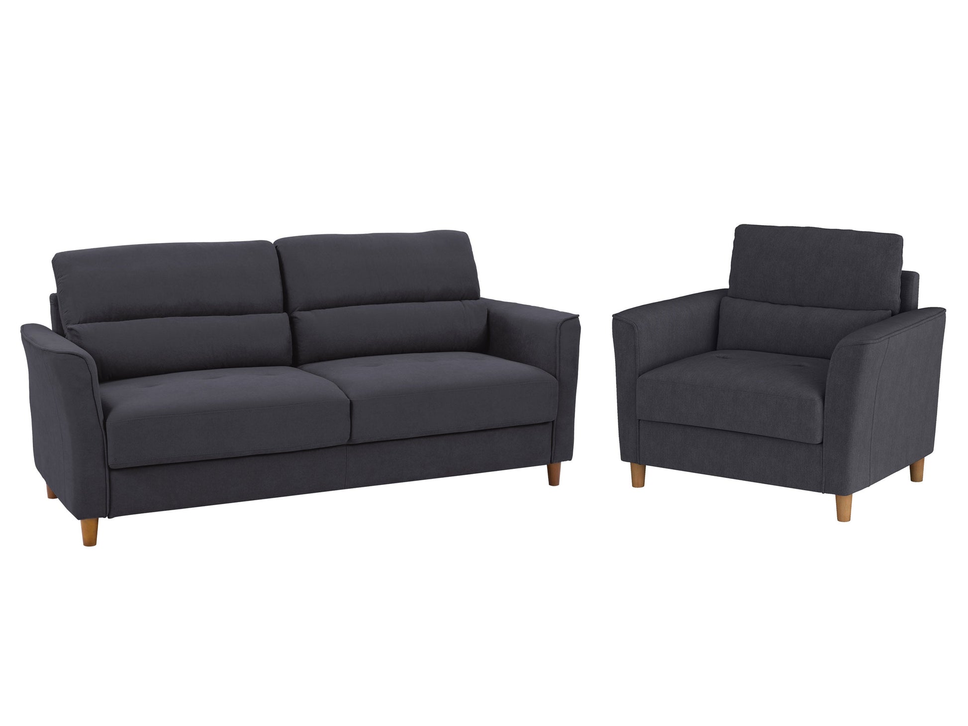 Dark grey 3 seat sofa and chair set with tufted cushions and wooden legs, modern minimalist design.