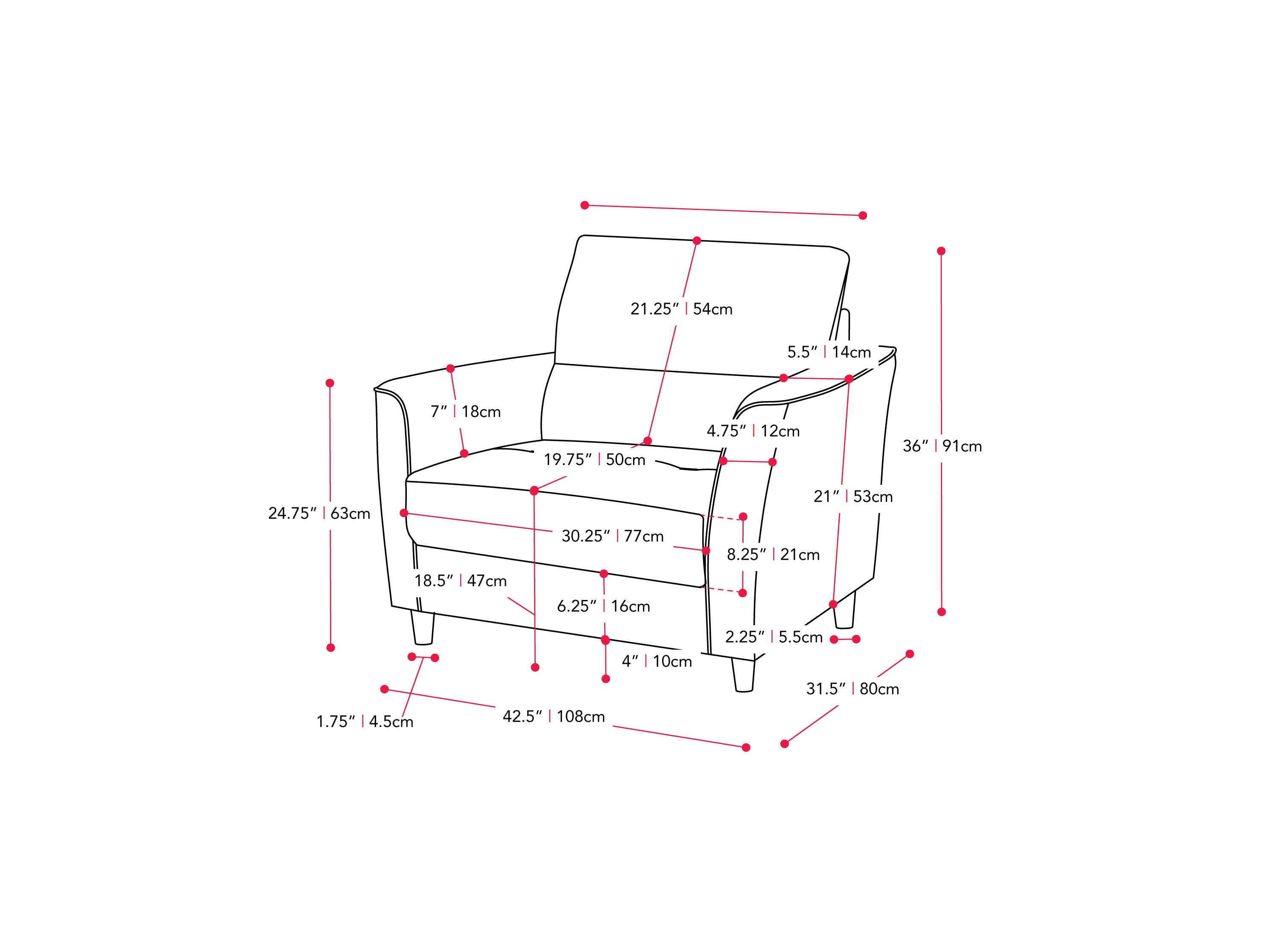 light grey Chair and a Half Caroline Collection measurements diagram by CorLiving#color_caroline-light-grey