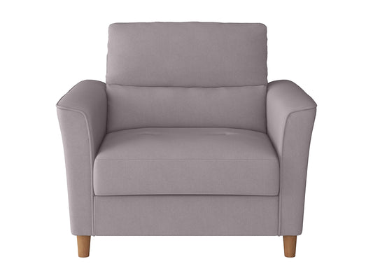 Modern gray upholstered armchair with wooden legs, featuring a sleek design, soft fabric, and comfortable cushioning, perfect for contemporary living rooms or office spaces.