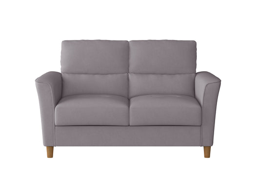 Gray fabric loveseat with tufted backrest, slim wooden legs, and plush cushions. Ideal for modern living rooms or small spaces.