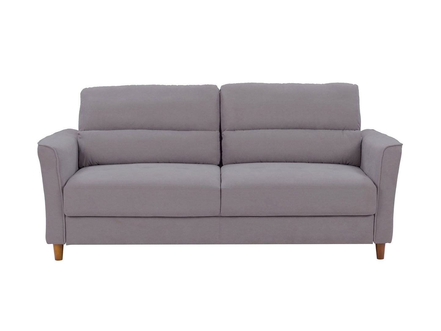 Light grey 3 seater sofa with tufted cushions, wooden legs, and modern minimalist design.