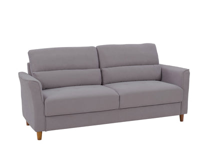 Light grey 3 seater sofa with tufted cushions, wooden legs, and minimalist design.