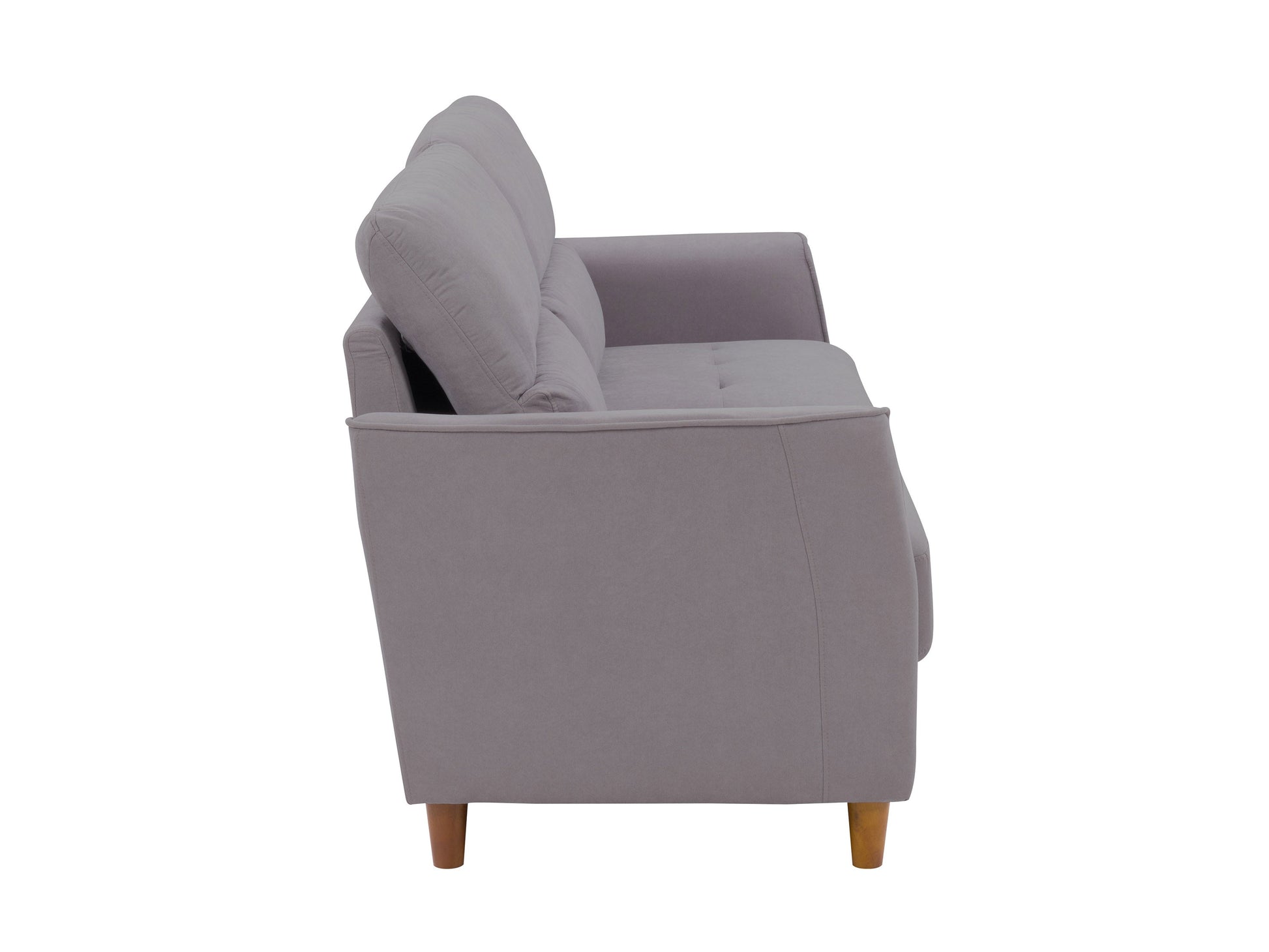 Light grey 3-seater sofa with tufted cushions and wooden legs, modern minimalist design.