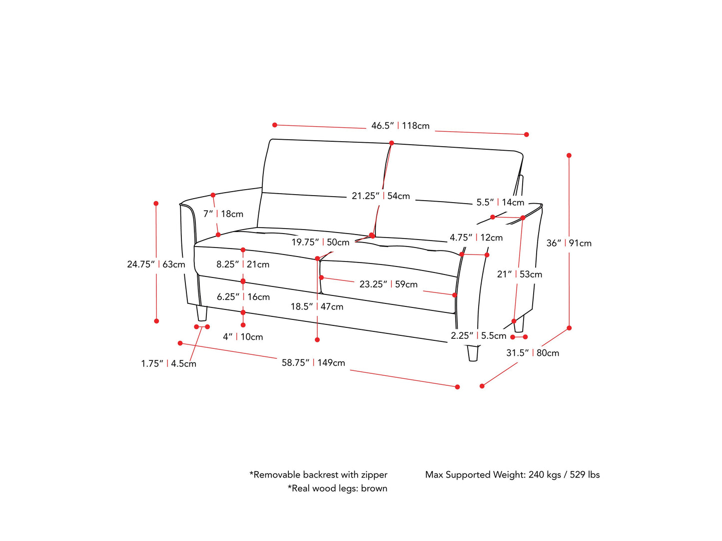 light grey 3 Piece Living Room Set Caroline collection measurements diagram by CorLiving#color_light-grey