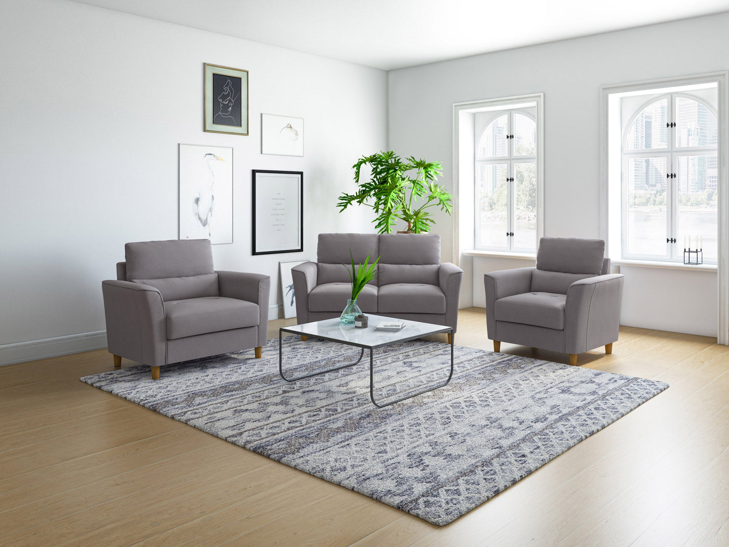 Gray 3-piece living room set with plush cushions, sleek modern design, and wooden legs, featuring a spacious sofa, loveseat, and armchair, perfect for contemporary home decor.