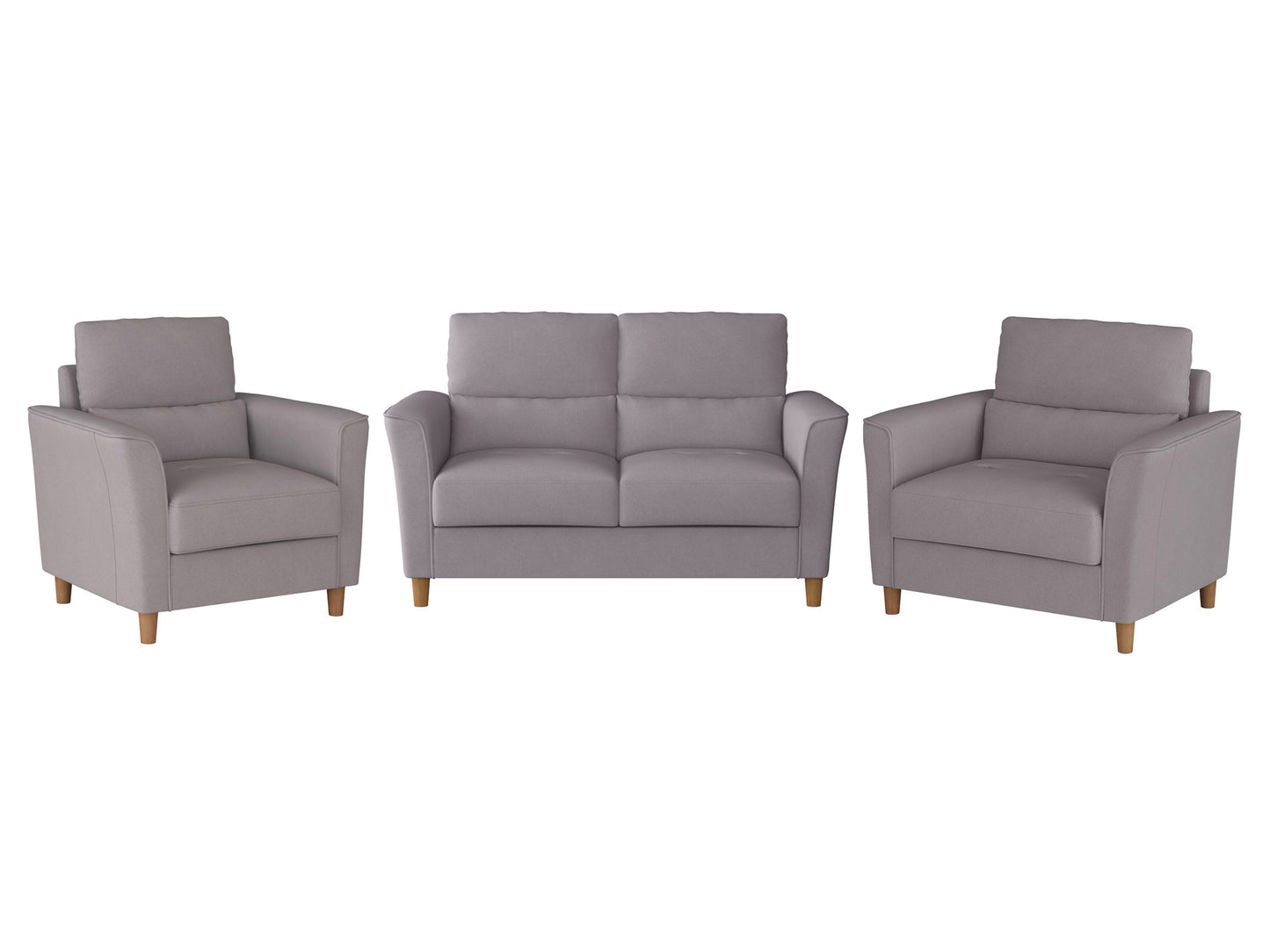 Modern 3-piece living room set featuring a beige fabric sofa, loveseat, and armchair with sleek wooden legs, tufted cushions, and contemporary design perfect for cozy and stylish home decor.