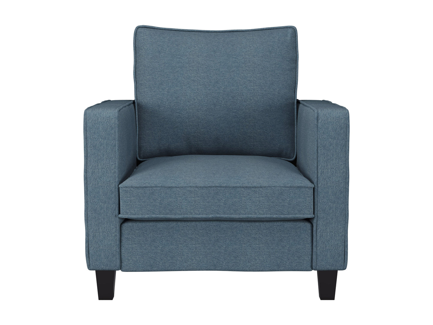 Mid-century modern blue arm chair with wooden legs and tufted backrest.