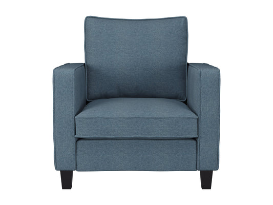 Mid-century modern blue arm chair with wooden legs and tufted backrest.