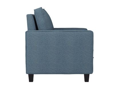 Blue mid-century modern armchair with wooden legs, tufted backrest, and sleek design.